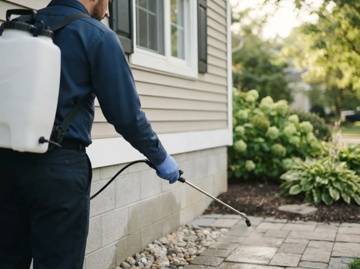 Pest control technician inspecting a home in Dadeville, MO